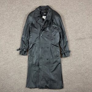 Vintage 90s Pelle Studio Black Leather Double Breasted Long Trench Coat Men’s L